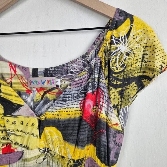 Jams World‎ Short Cap Sleeve Dress S Sweet Honey Abstract Yellow Print V-Neck - Picture 3 of 9